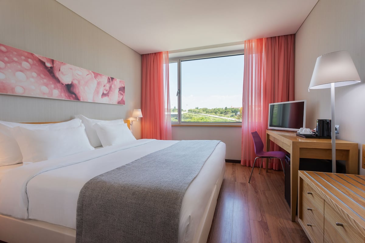 Habitación de hotel con cama, escritorio, televisor y ventana con vista a zonas verdes.