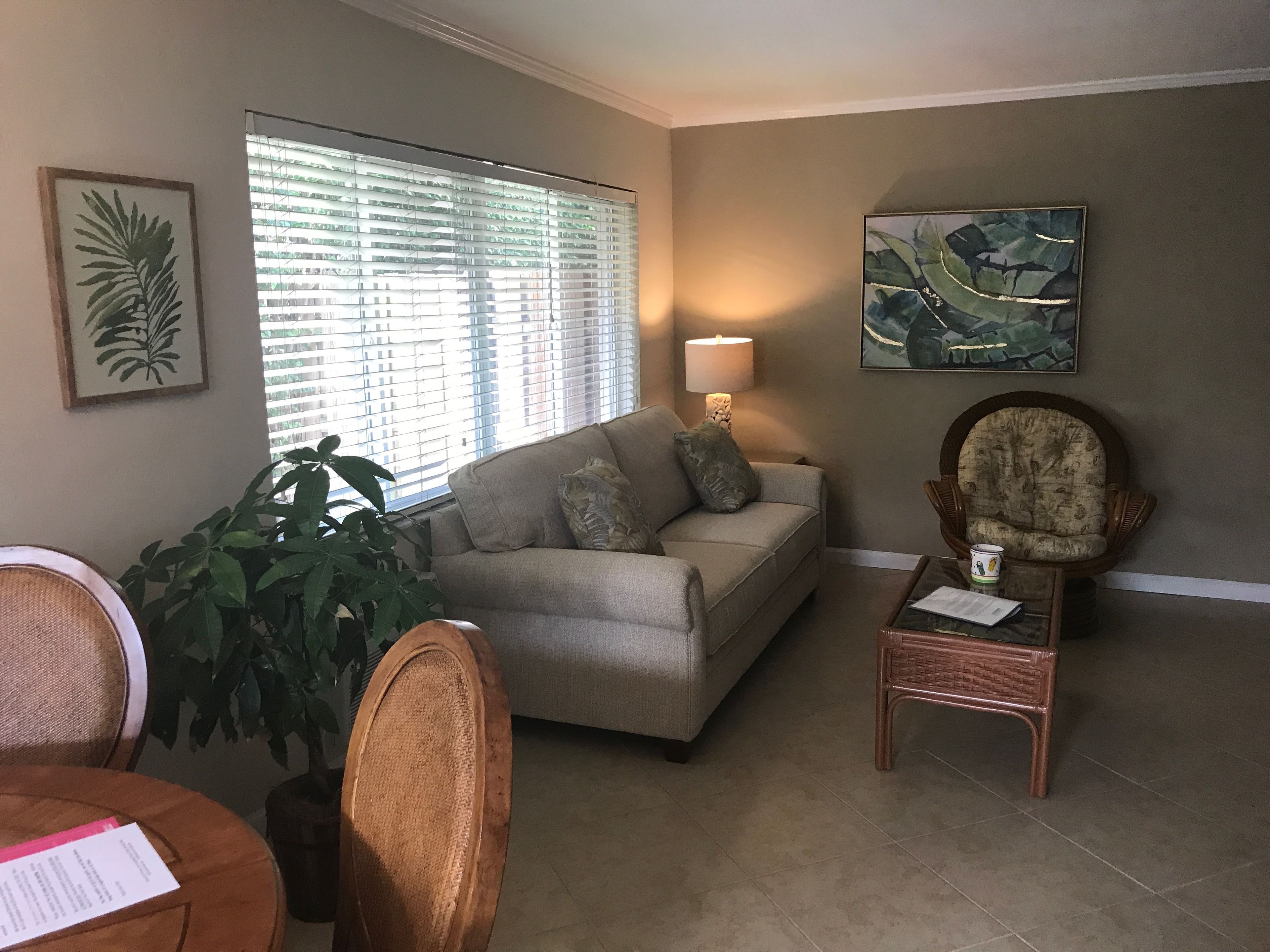A living room with a sofa, a coffee table, a lamp, a chair, and a plant.