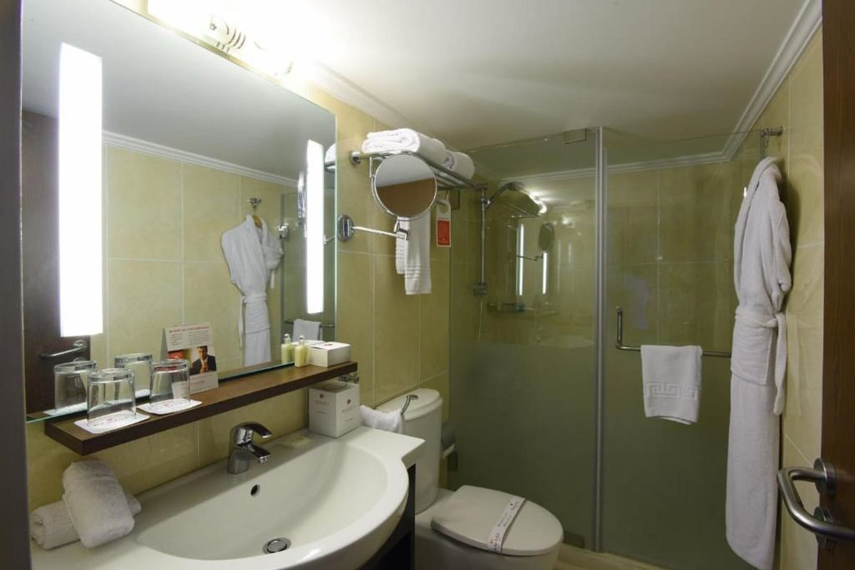 Baño de hotel con lavamanos, espejo, ducha con mampara de vidrio y toallas.