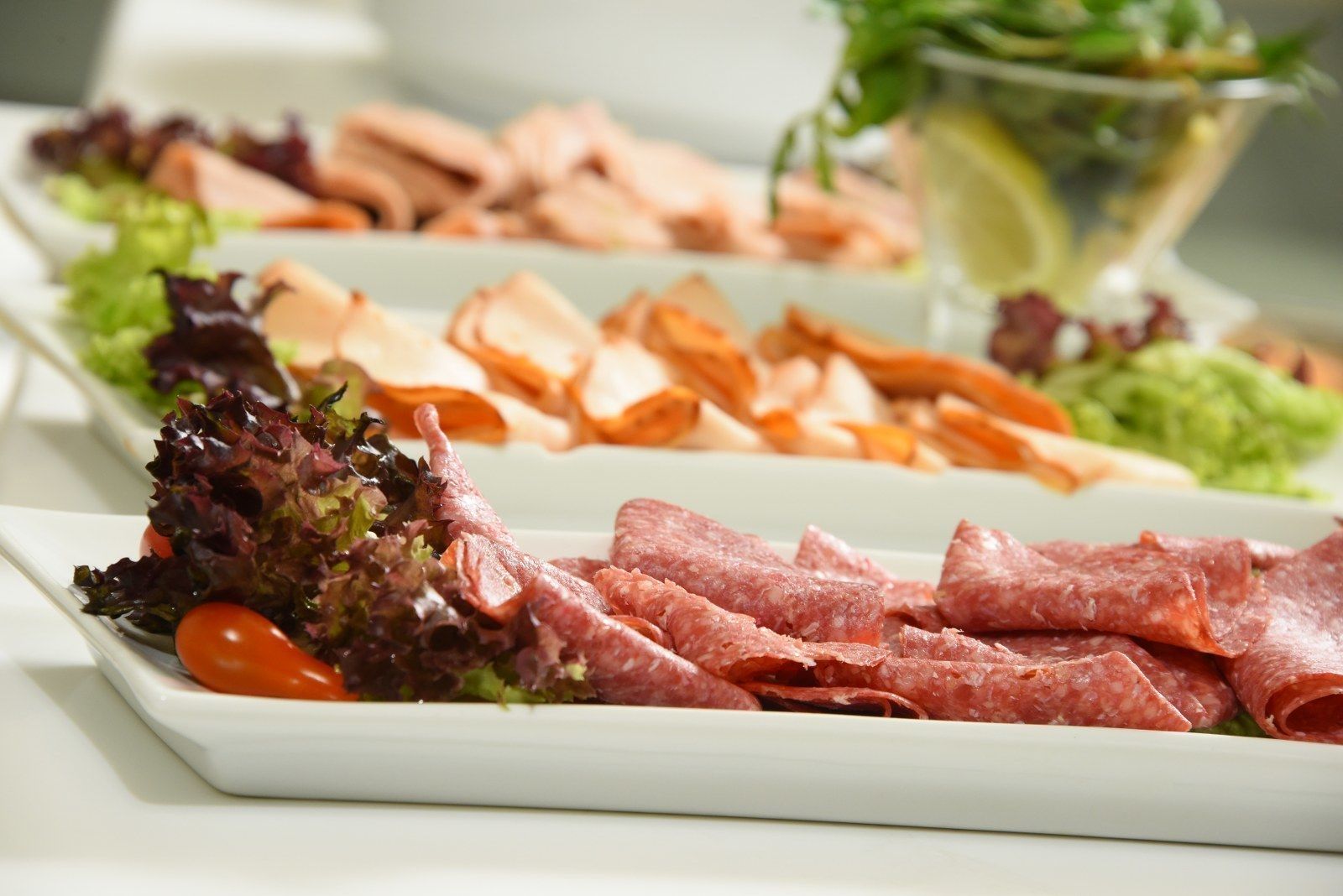Una variedad de embutidos y ensaladas sobre un plato rectangular blanco.