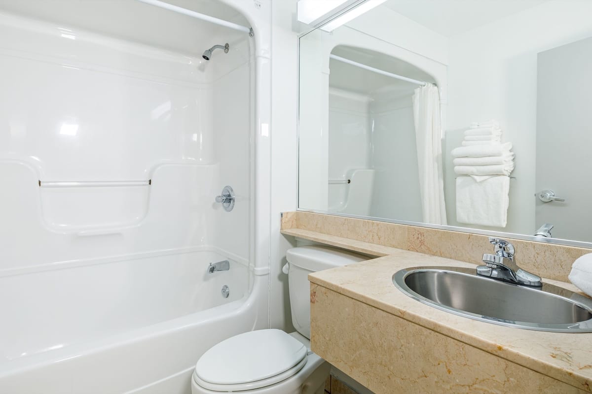 eco-friendly toiletries, hair dryer, towels, soap