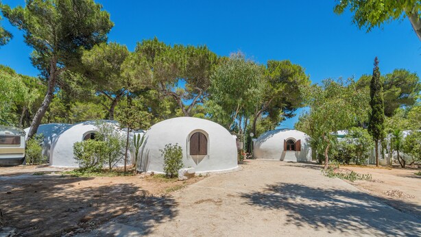 Una hilera de cabañas con forma de cúpula y puertas en arco, rodeadas de árboles y un sendero de tierra.