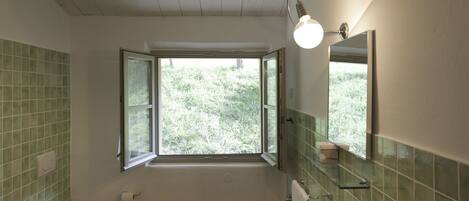 A bathroom with a toilet, bidet, sink, and a window with a view of greenery.