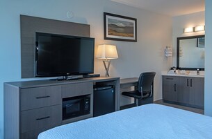 Habitación de hotel con cama, televisión, escritorio con lámpara, silla, microondas, nevera pequeña, baño con lavamanos y espejo, y un cuadro en la pared.