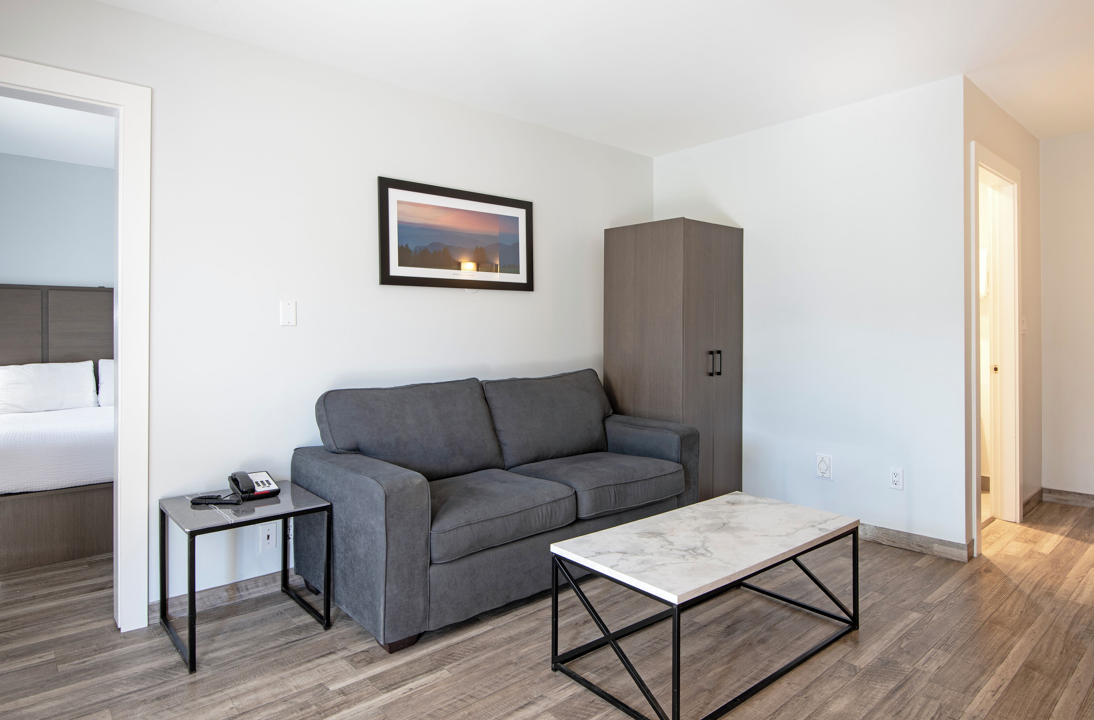 A modern, minimalist room with a grey sofa, a small table, a marble coffee table, and a wardrobe.