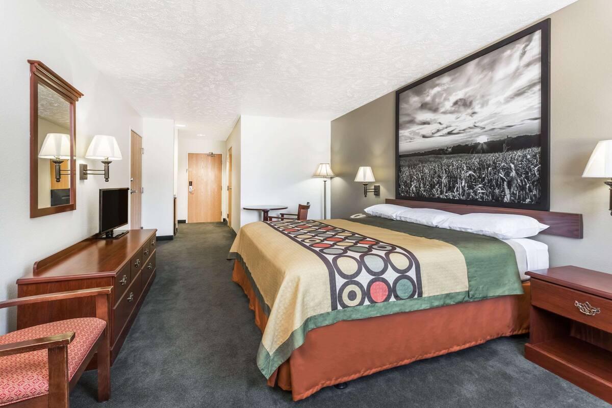 A hotel room with a large bed, a desk, a chair, a TV, and a painting on the wall.
