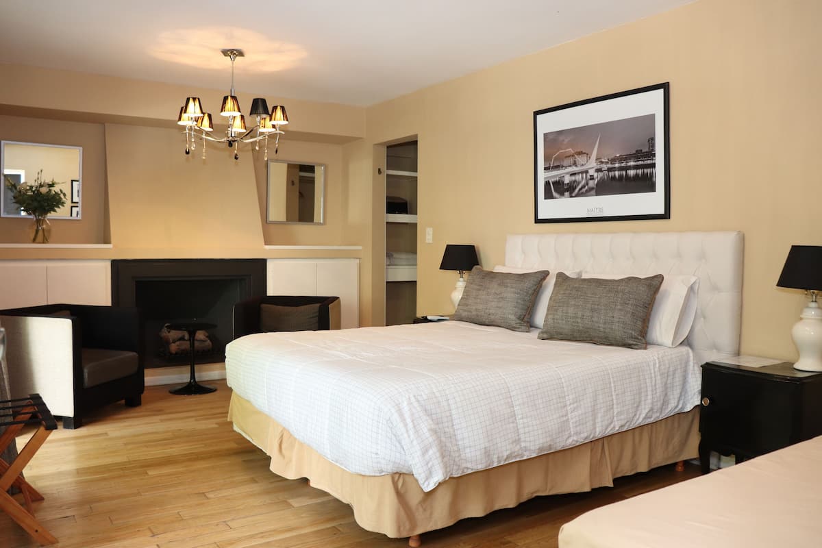 Ein geräumiges Schlafzimmer mit einem großen Bett, einem Kamin, einer Kristallleuchter und einem gerahmten Bild an der Wand.