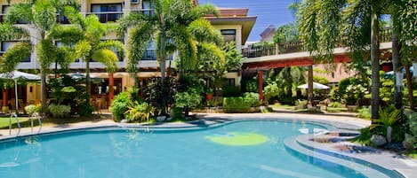 Outdoor pool, pool umbrellas, pool loungers