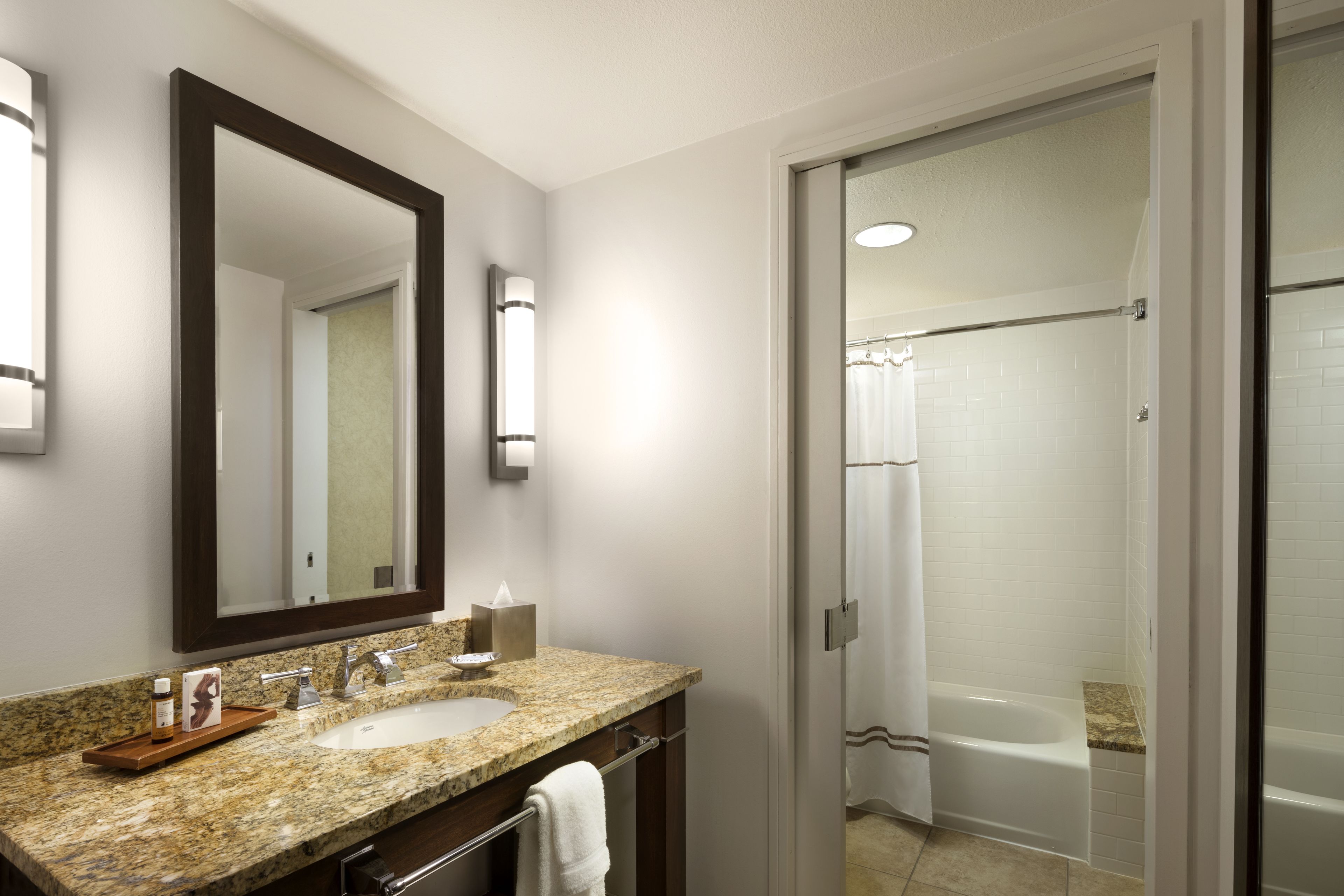 combined shower/bathtub, free toiletries, hair dryer, bathrobes