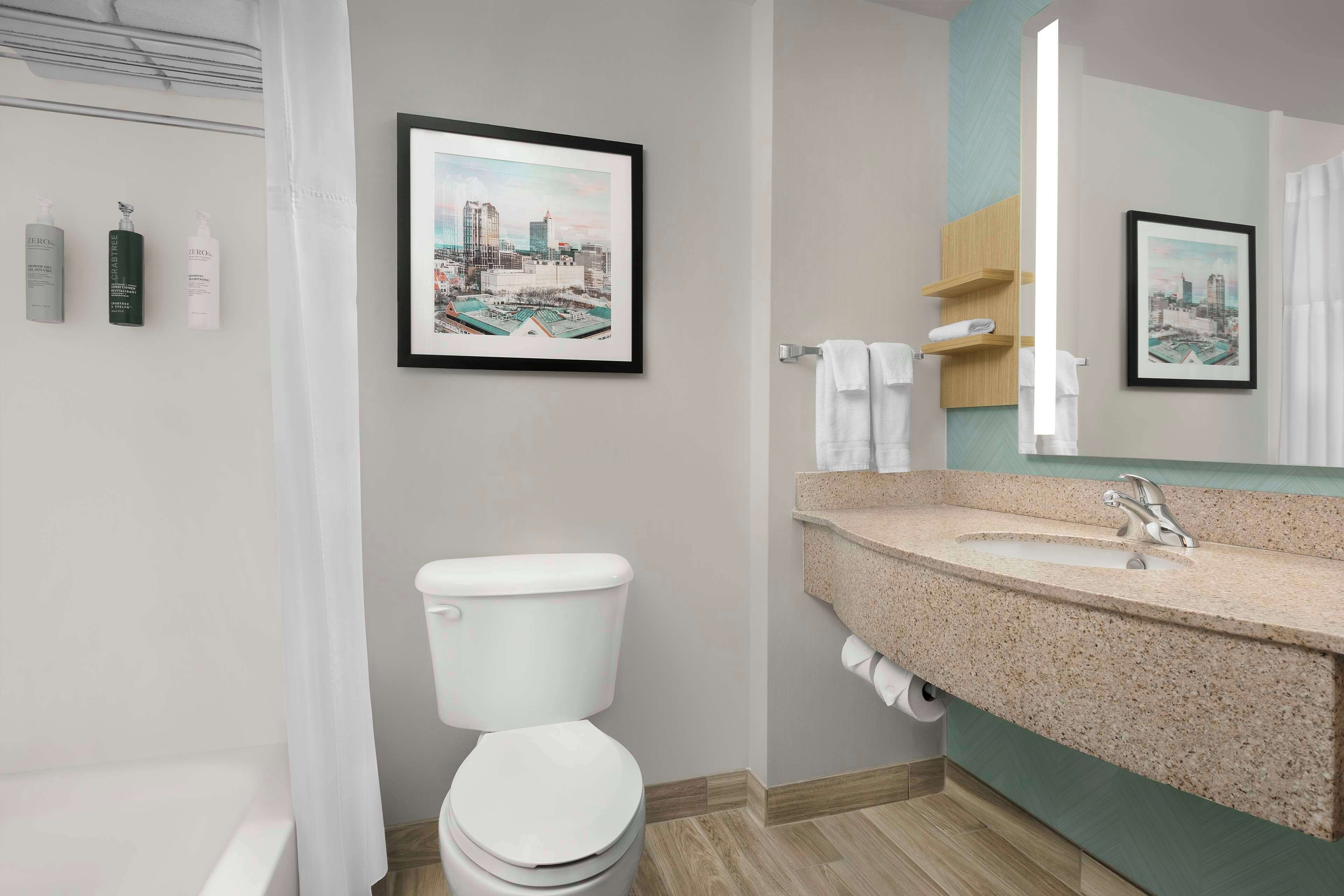 combined shower/bathtub, free toiletries, hair dryer, towels