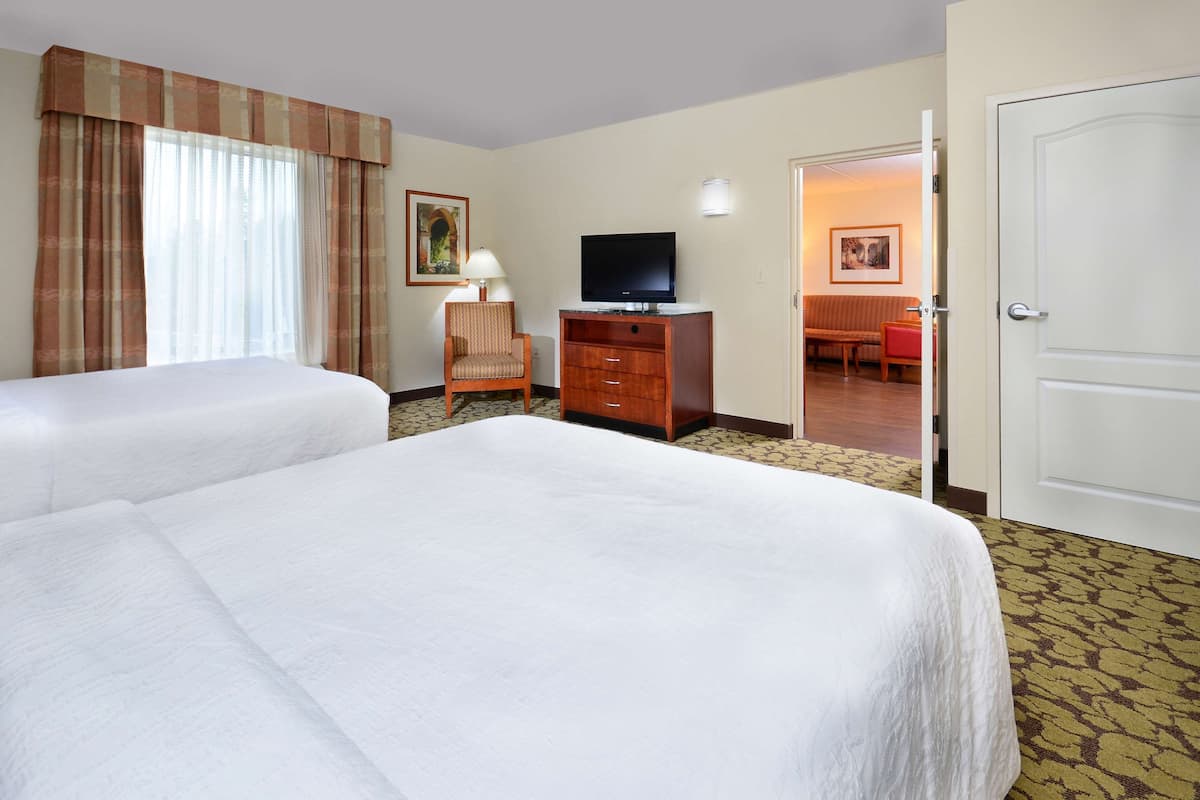A hotel room with two beds, a television, a chair, a desk, and a door leading to another room.