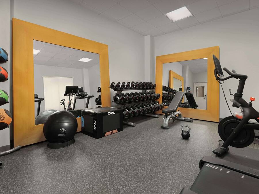 Un gimnasio con equipo de ejercicio, incluyendo mancuernas, una cinta de correr y una bicicleta estática.