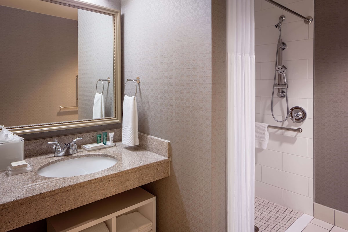 A bathroom with two sinks, a large mirror, a towel rack, and a shower area.