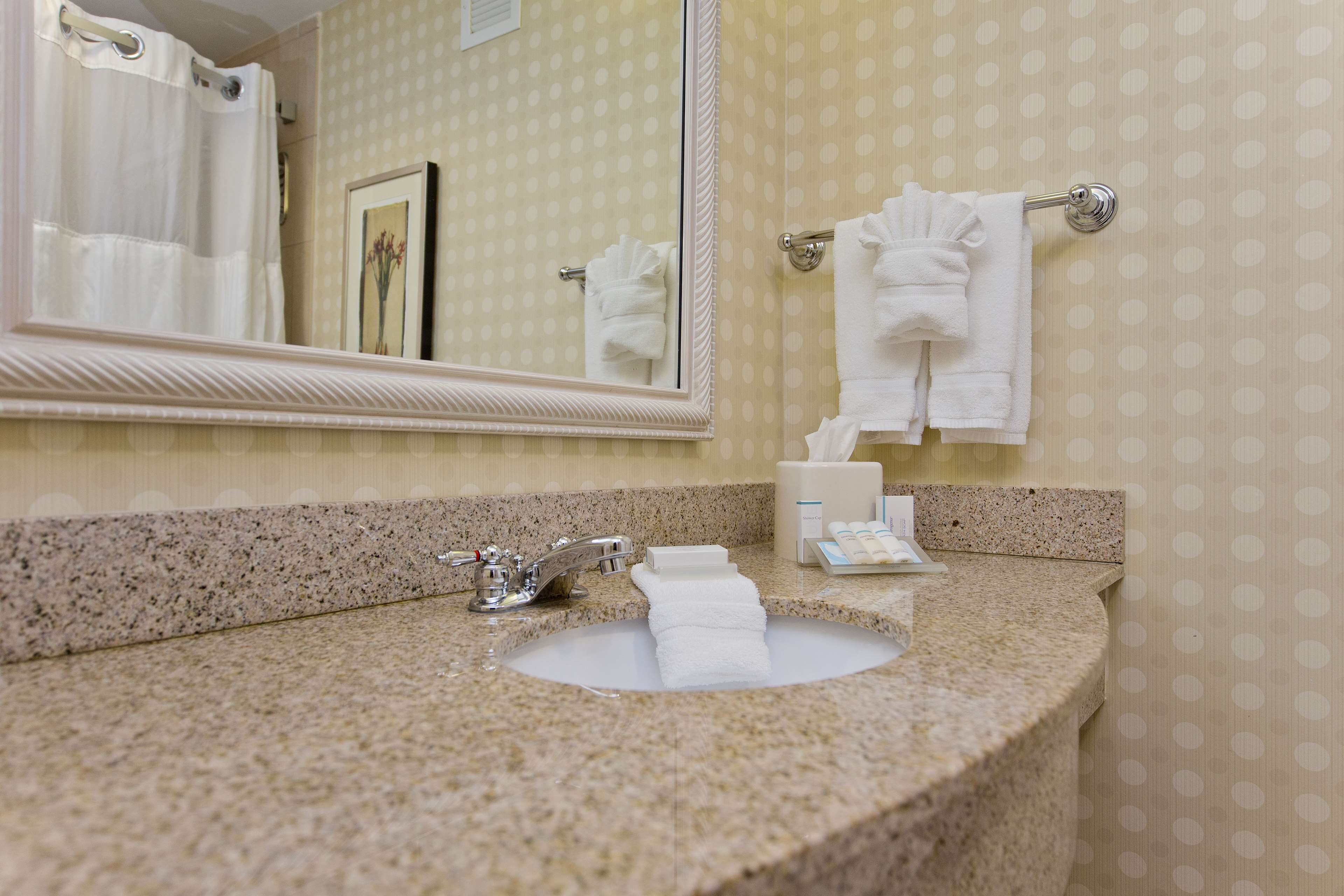 combined shower/bathtub, designer toiletries, hair dryer, towels