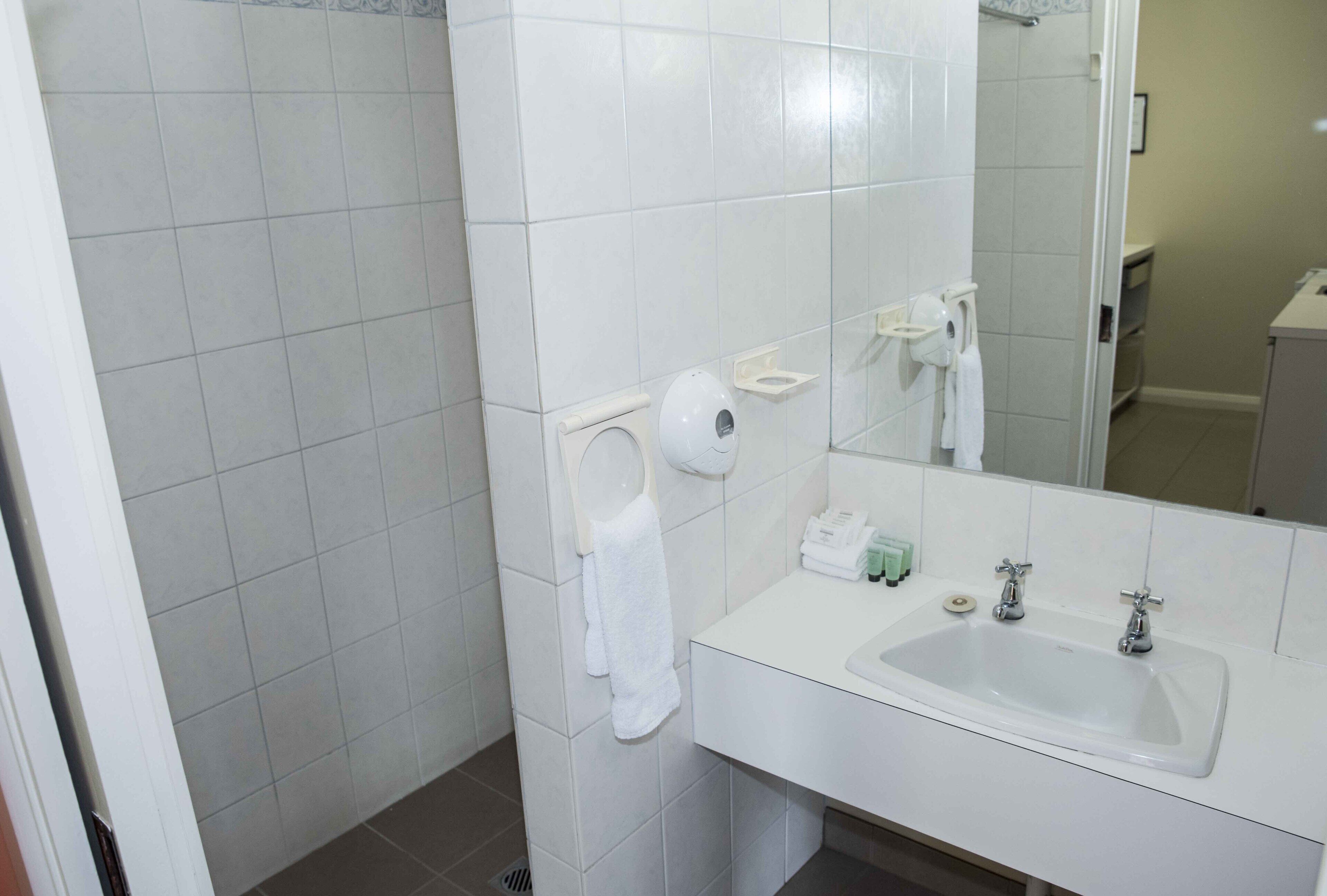 A bathroom with a white sink, mirror, and towel rack.