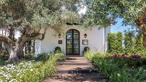 A pathway leading to a building with a dark door and arched windows, surrounded by lush greenery and flowering plants.