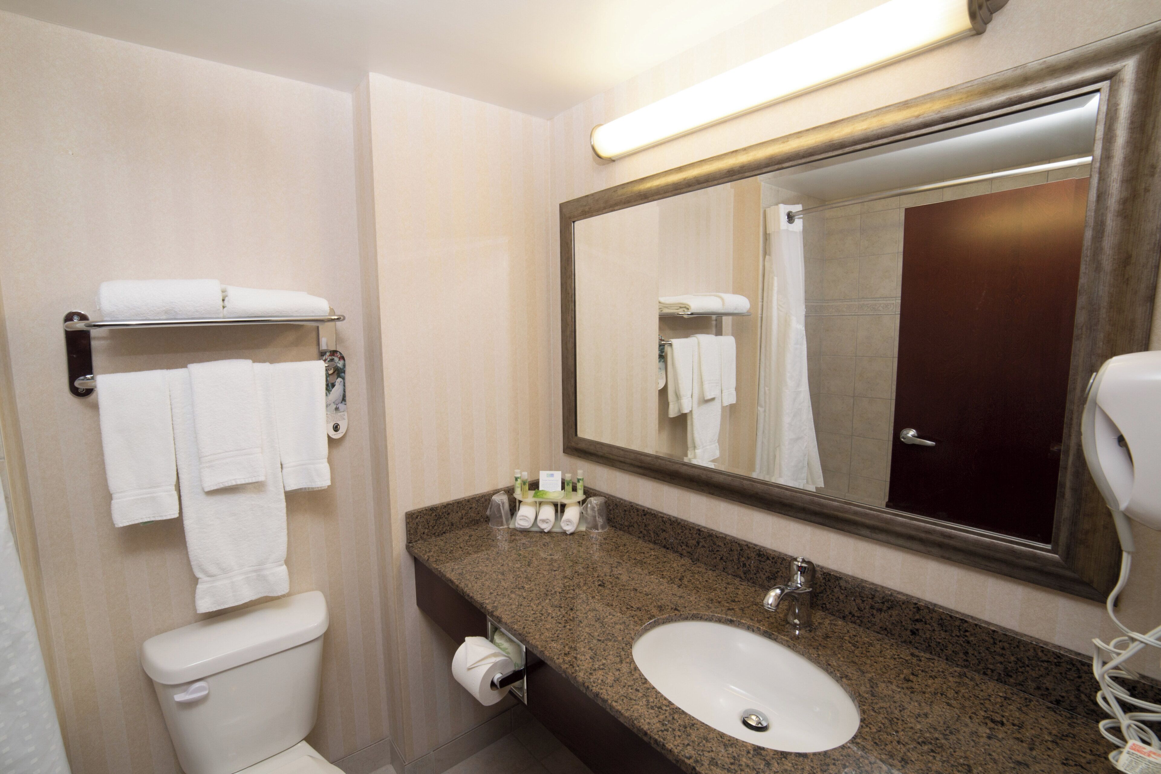 A bathroom with a toilet, sink, and a large mirror. There are towels on a rack and a hairdryer on the counter.