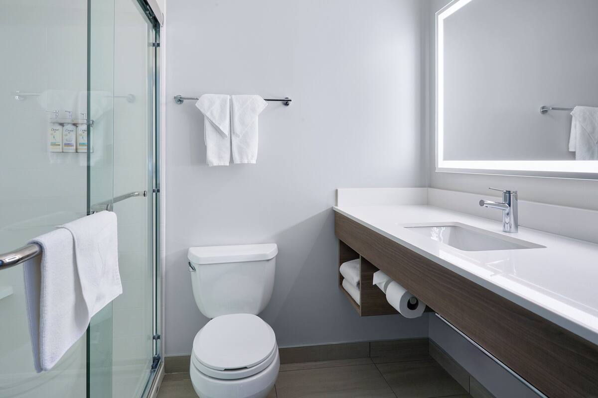 A modern bathroom with a glass shower enclosure, a toilet, and a vanity with a sink and mirror.