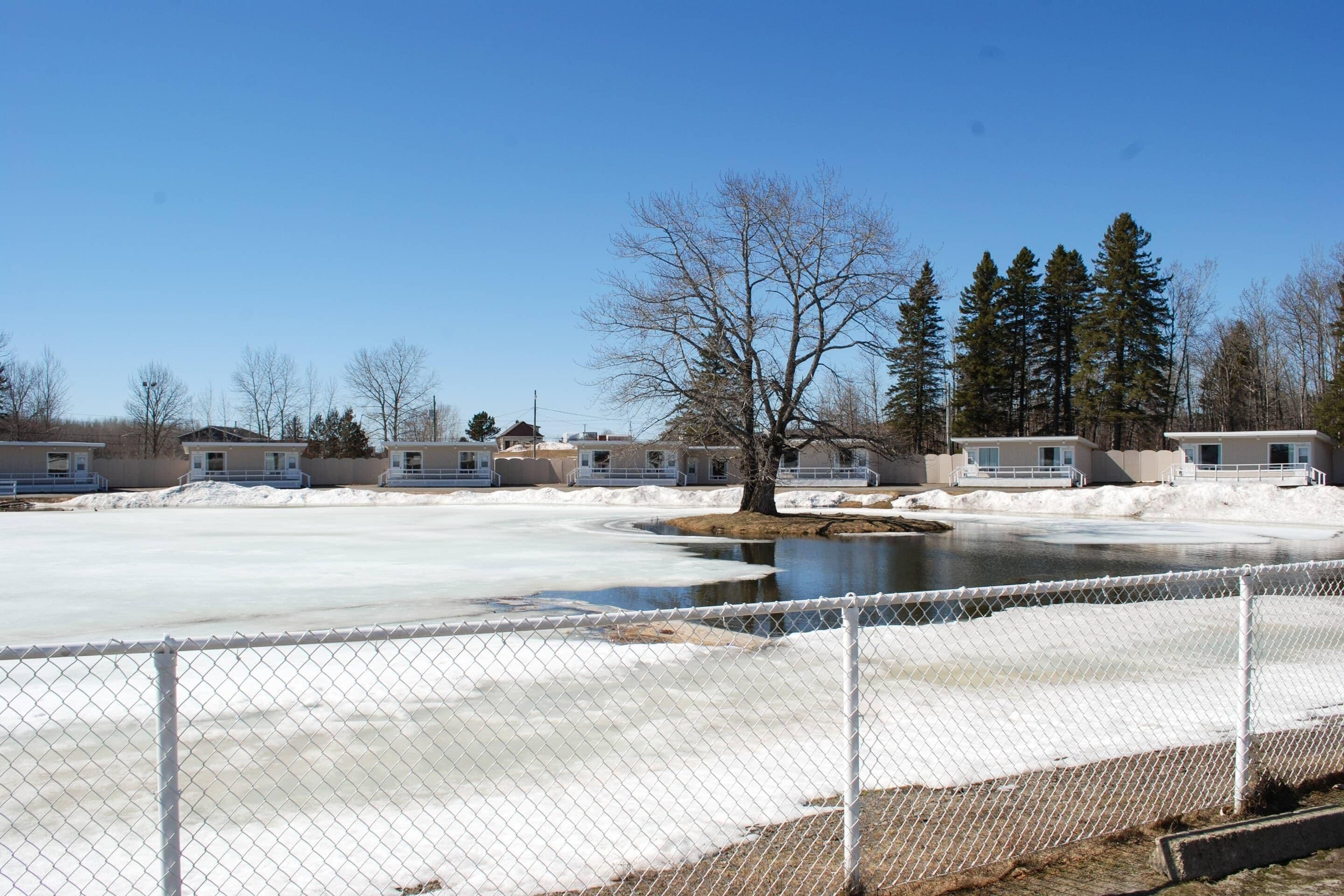 A fenced outdoor area with a pond, snow-covered ground, and several buildings in the background.