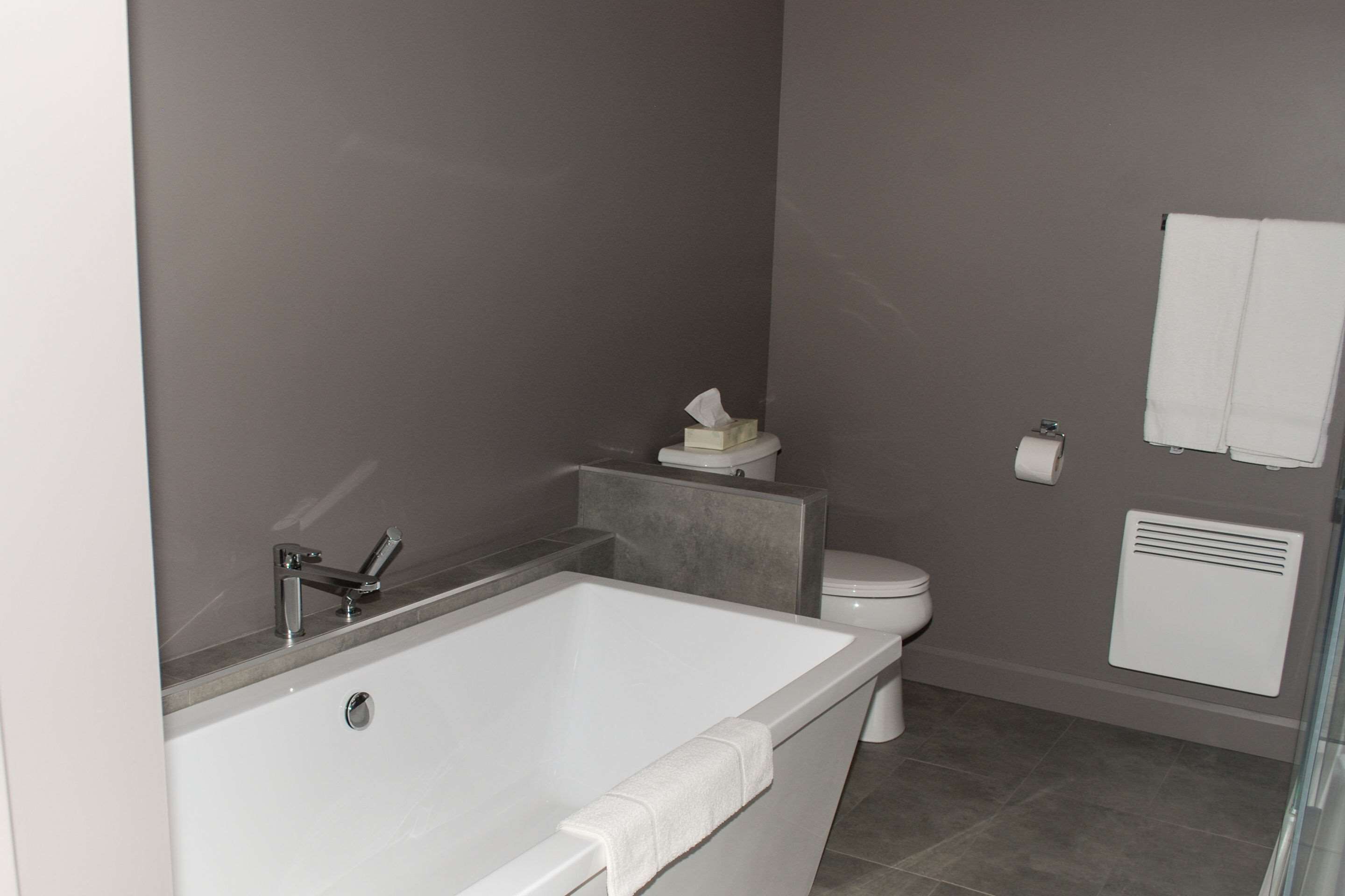 Combined shower/bathtub, hair dryer, towels