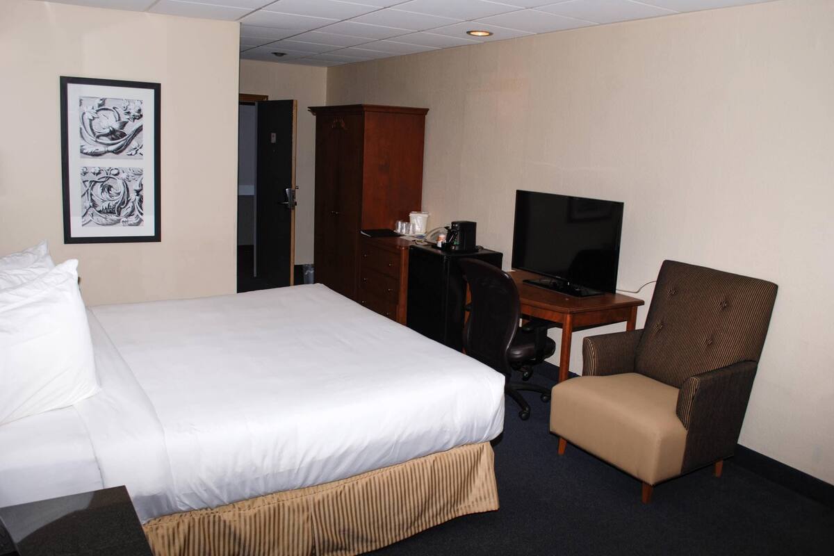A hotel room with a bed, a desk with a television, a chair, and a wardrobe.