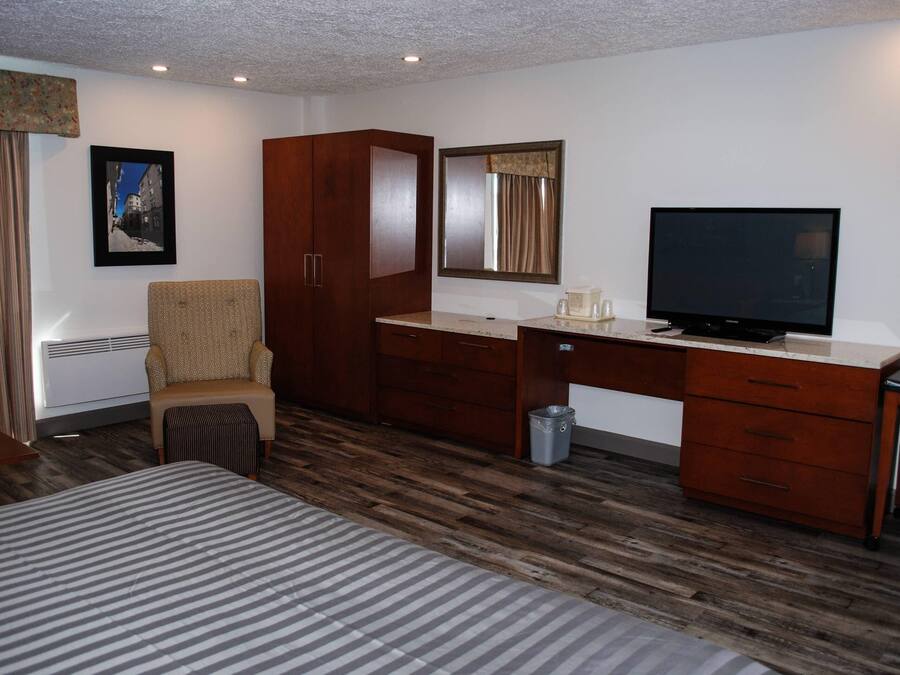 A hotel room with a bed, a desk with a television, a chair, a wardrobe, and a waste bin.