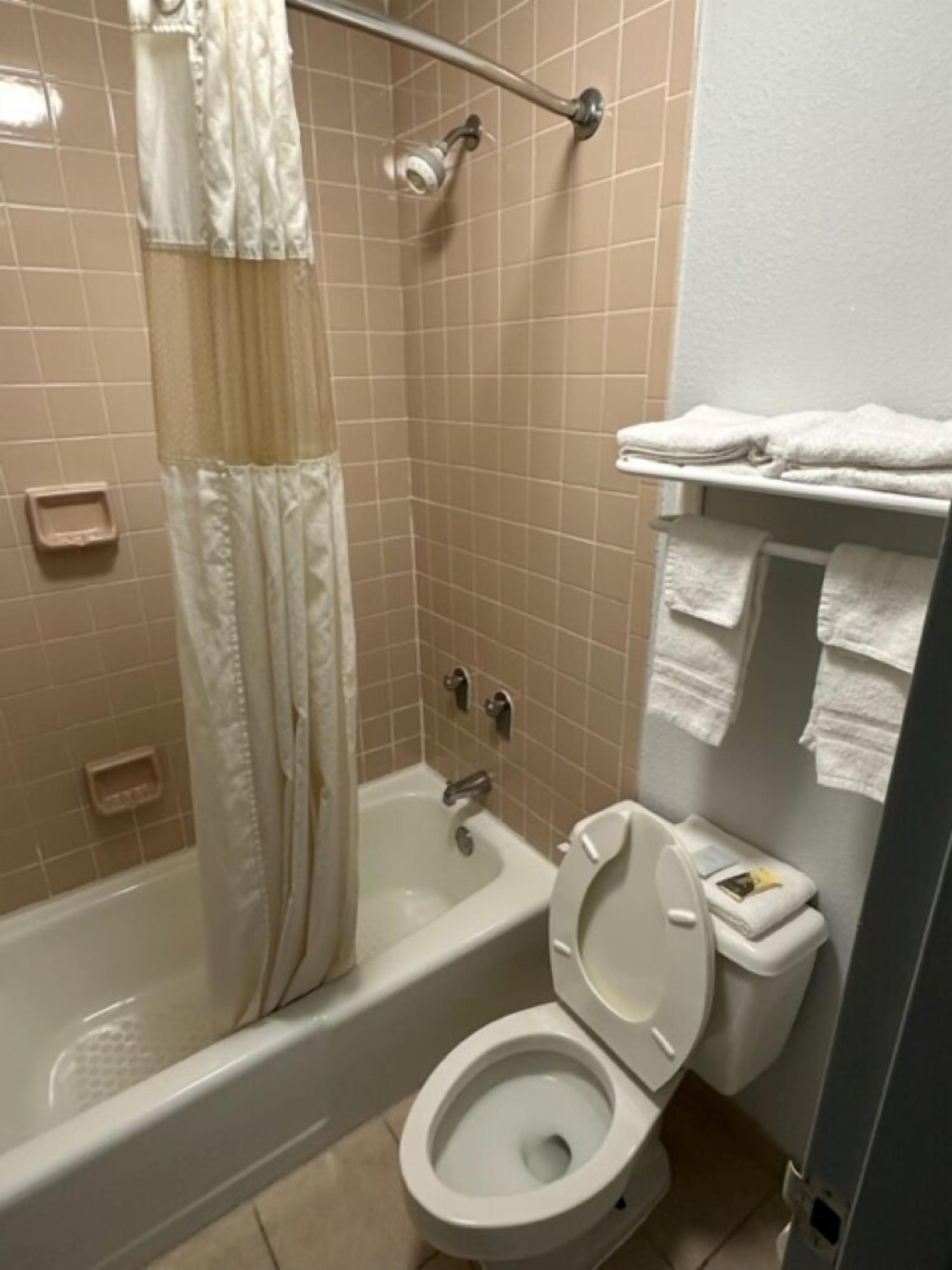 Combined shower/bathtub, towels