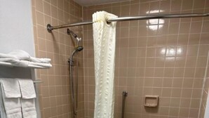 Et badeværelse med toilet, bruser og gelænder.