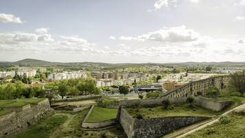 Un fort historique doté d’un mur de pierre, d’une zone herbeuse et offrant une vue sur un paysage urbain en arrière-plan.