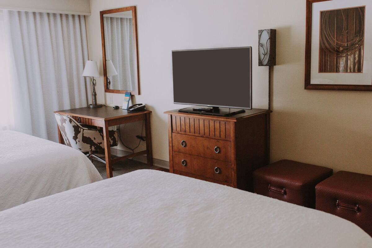 Une chambre d’hôtel avec deux lits, un bureau doté d’un téléviseur à écran plat, un miroir et un tableau encadré au mur.