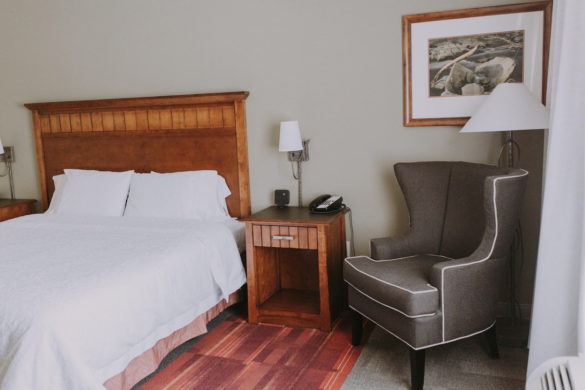 Une chambre d’hôtel avec un lit doté d’une tête de lit en bois, une table de chevet avec une lampe, une chaise et un tableau encadré au mur.