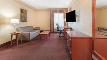 Premium bedding, desk, blackout curtains, iron/ironing board