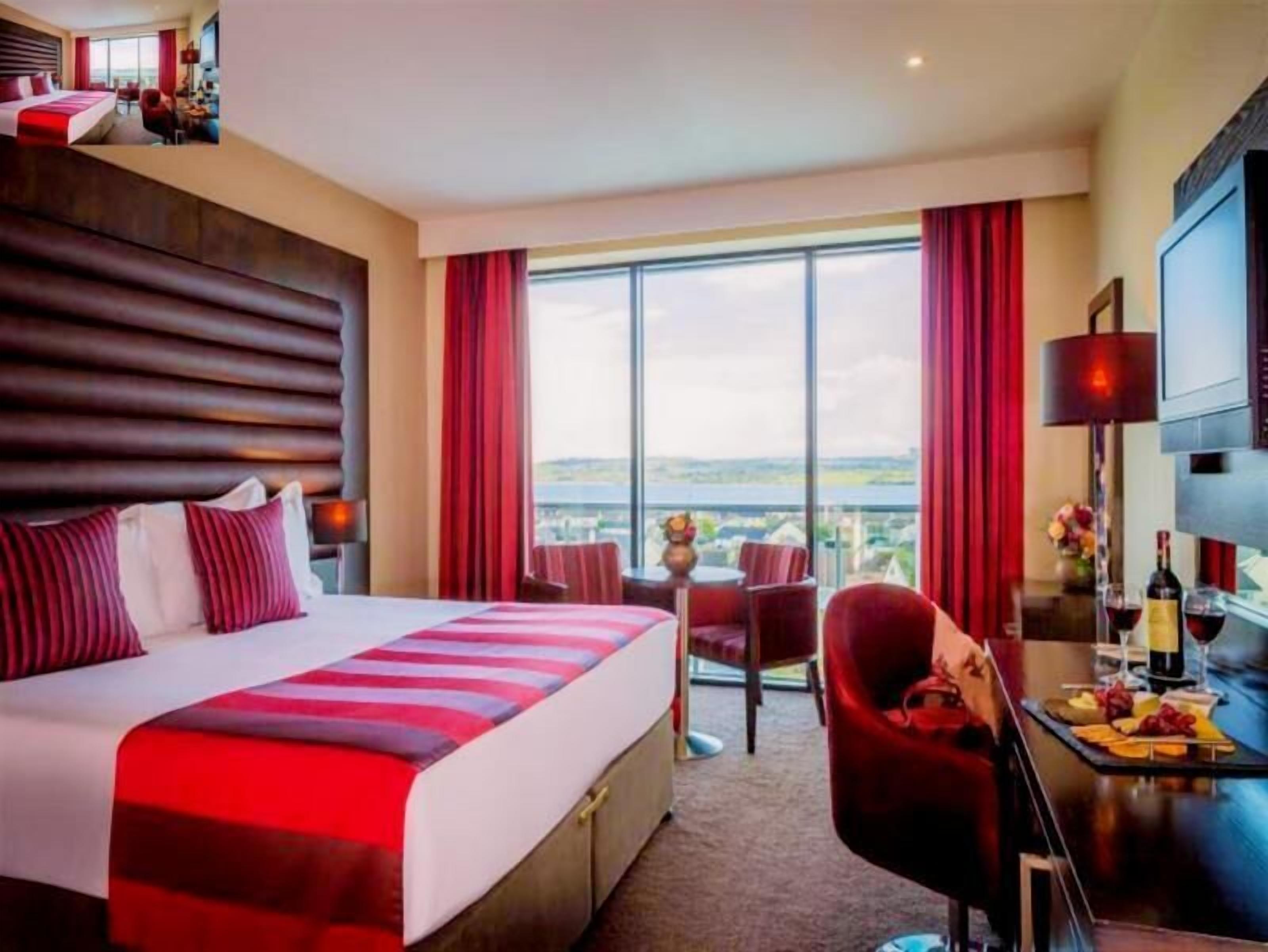 Hypo-allergenic bedding, desk, laptop workspace, blackout curtains