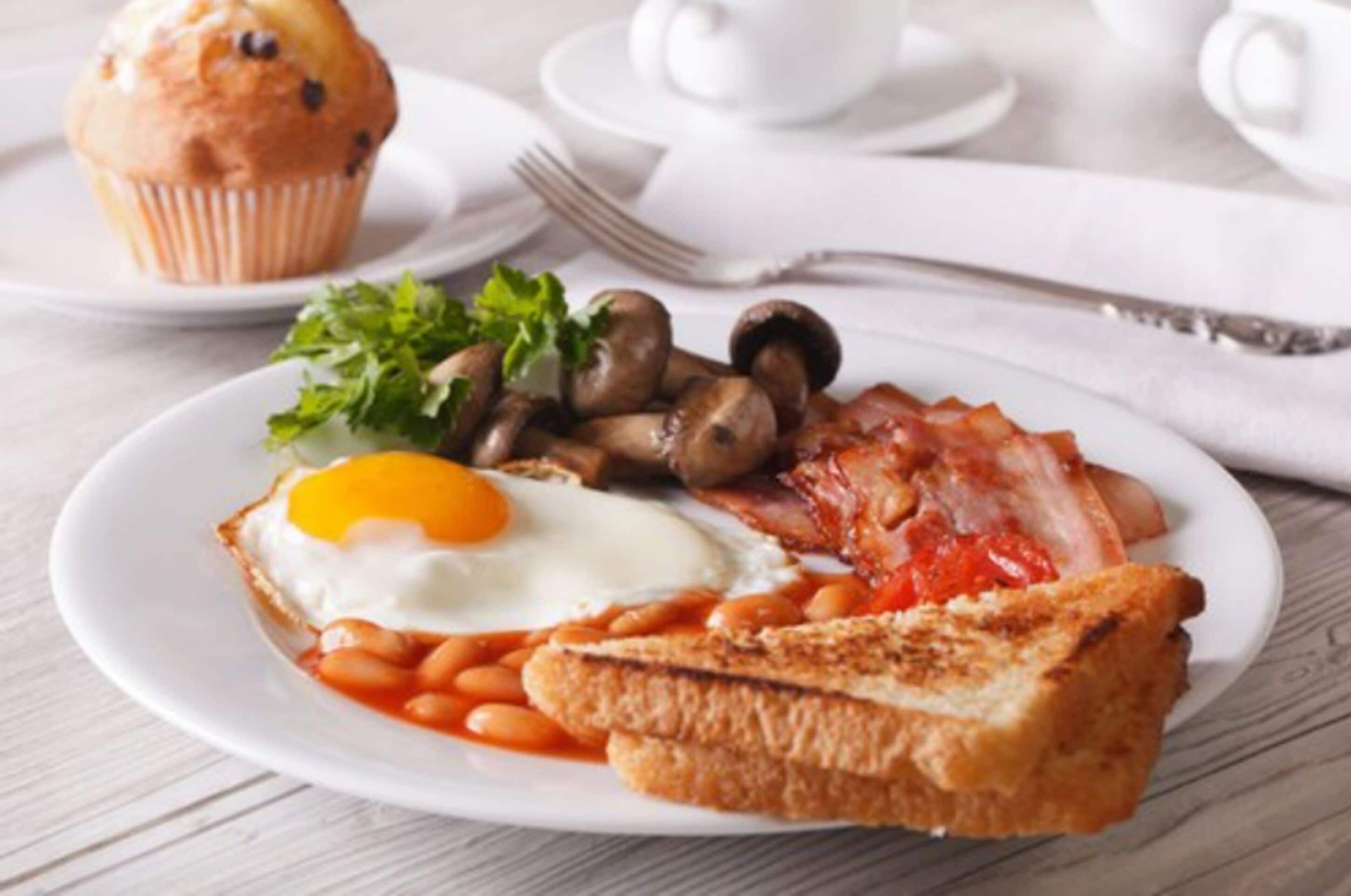A breakfast plate with eggs, mushrooms, beans, bacon, toast, and a muffin.