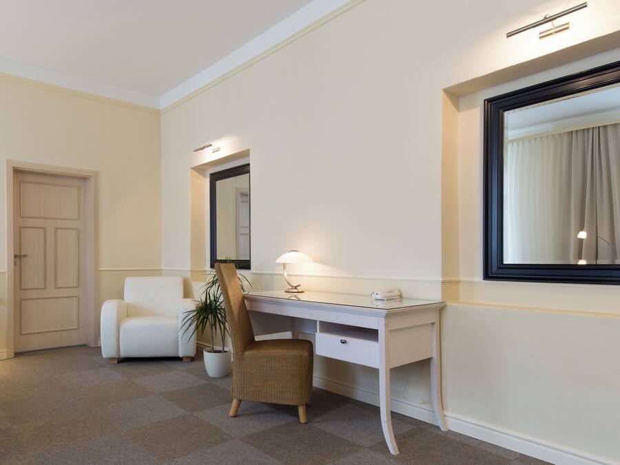 A hotel room with a white desk, a chair, a potted plant, and a large mirror.