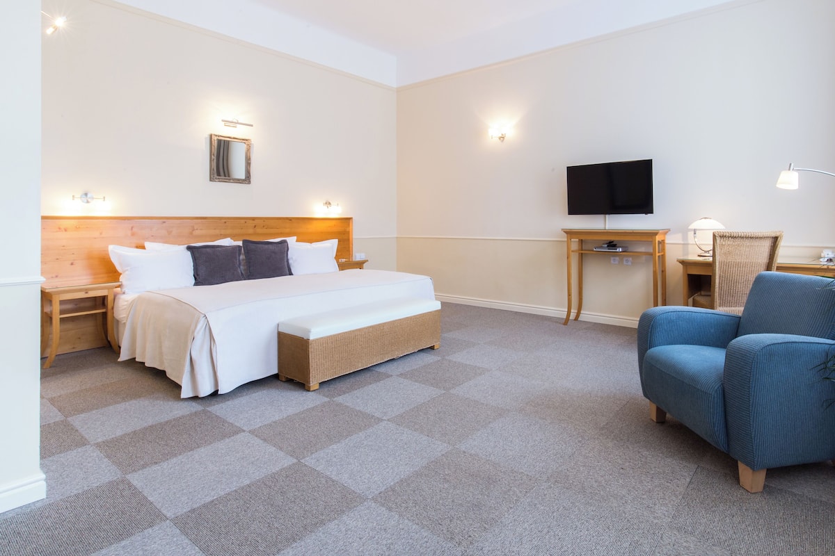 Hotellihuone, jossa on sänky, televisio, tuoli ja pieni pöytä.
