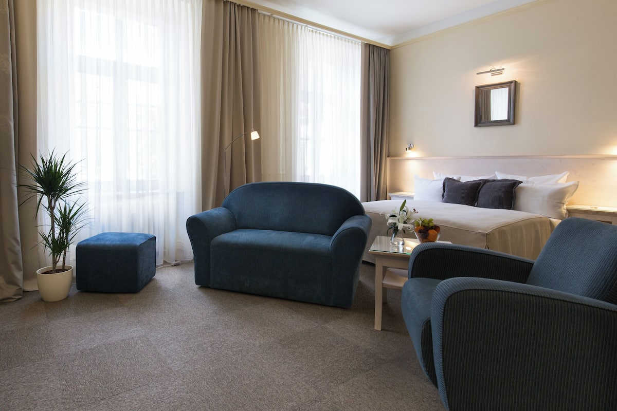 Hotellihuone, jossa on sänky, kaksi nojatuolia, pieni pöytä, ruukkukasvi ja suuri ikkuna, jossa on verhot.