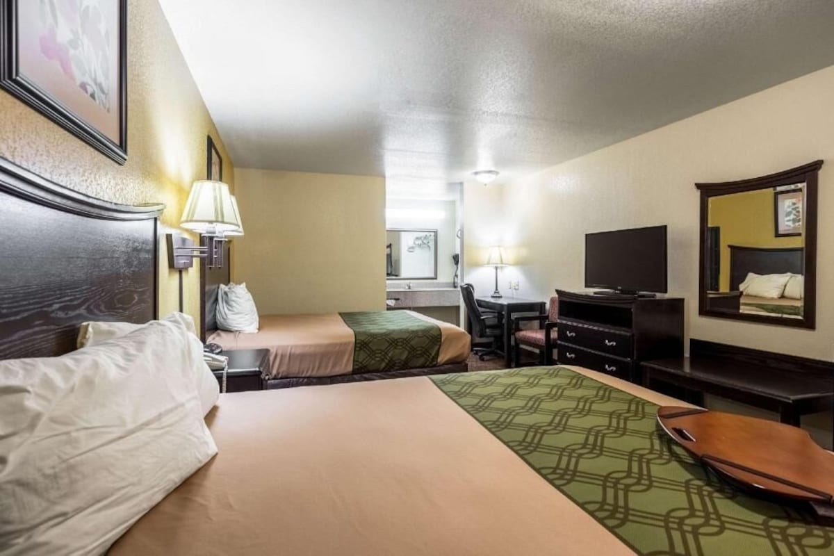 A hotel room with two beds, a desk, a chair, a television, and a mirror.