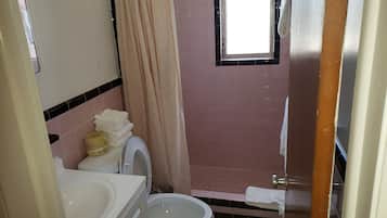 Un baño con inodoro, lavamanos y zona de ducha.