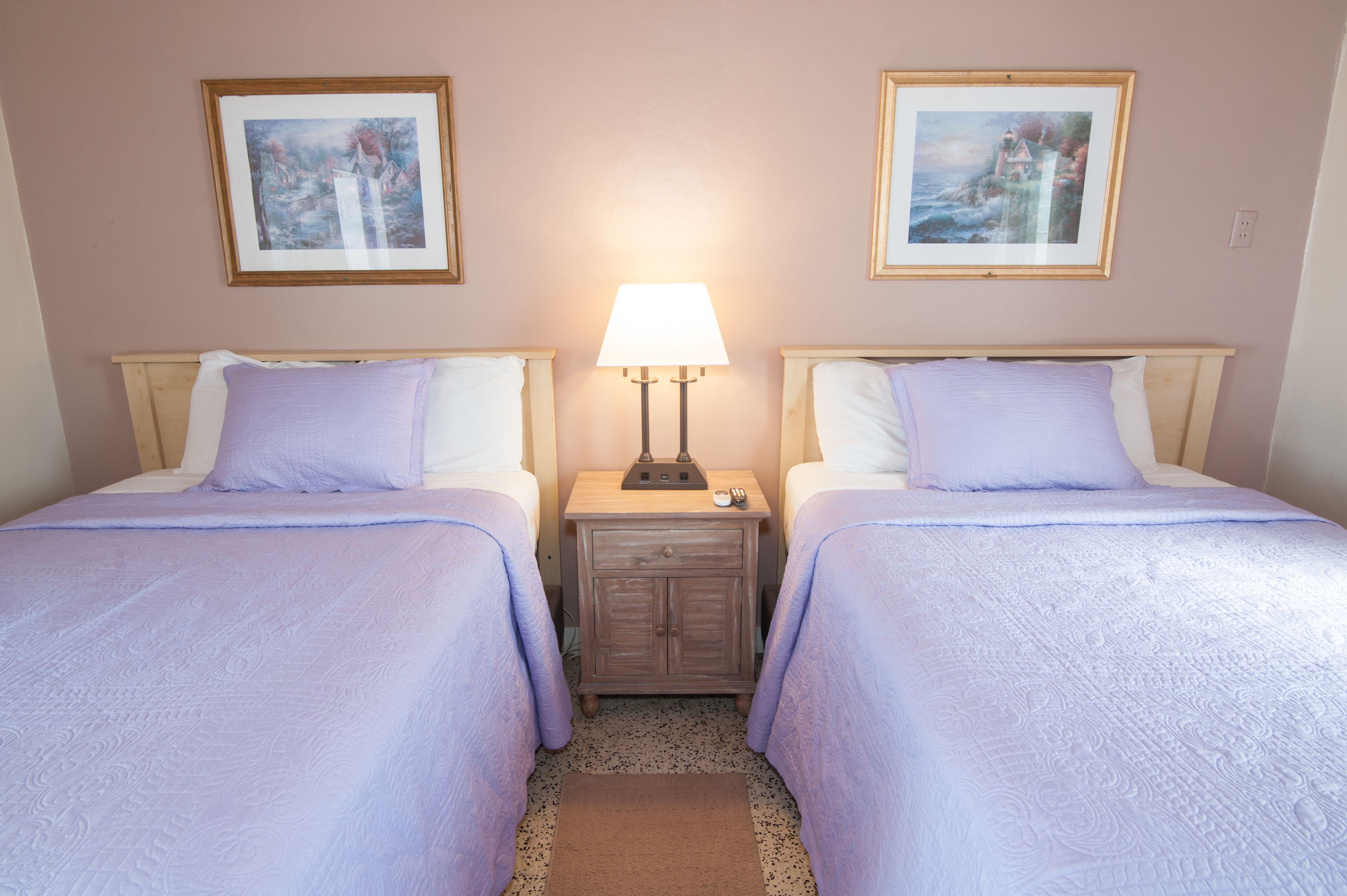 Une chambre double avec deux lits, une table de chevet avec une lampe et deux tableaux encadrés au mur.