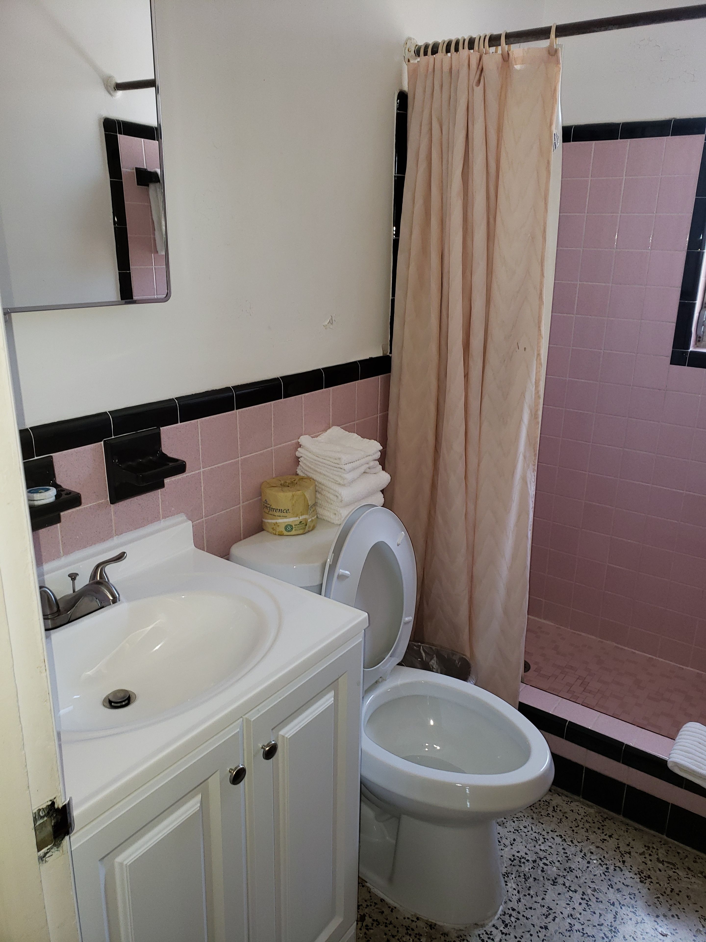 A bathroom with a sink, toilet, and shower curtain.