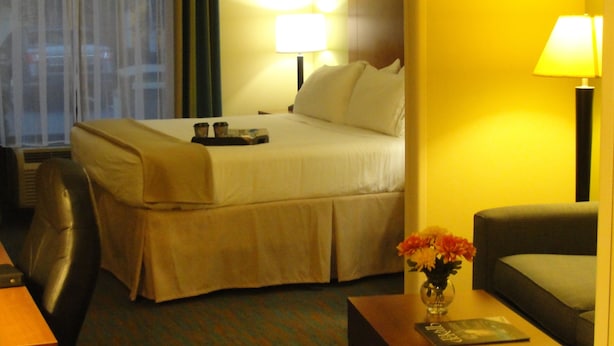 A hotel room with a bed, a desk, a chair, a lamp, and a vase with flowers. - Holiday Inn Express & Suites Atlanta East – Lithonia by IHG (Lithonia)