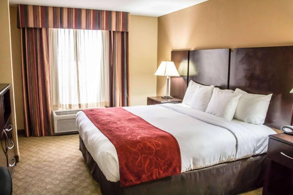 A hotel room with a bed, a nightstand, a lamp, a TV, and a window with curtains.