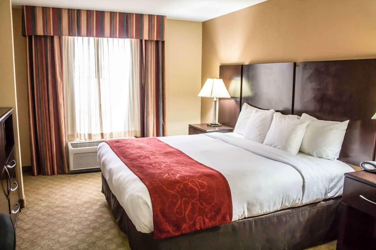 A hotel room with a bed, a desk, a lamp, and a television.