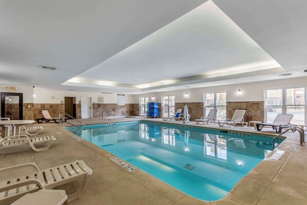 Indoor pool, open 10:00 AM to 10:00 PM, sun loungers