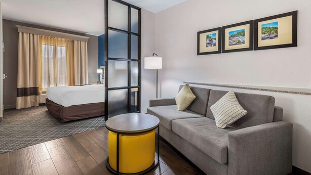 A hotel room with a bed, a sofa, a round yellow table, and three framed pictures on the wall. - Comfort Suites Macon Northwest (Macon)
