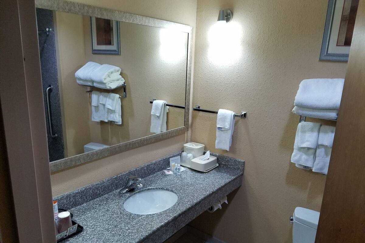 combined shower/bathtub, free toiletries, hair dryer, towels