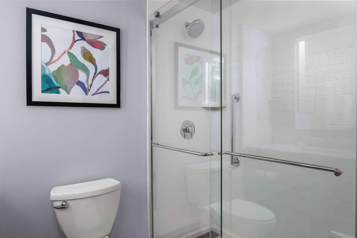 A modern bathroom with a glass shower enclosure, a white toilet, and a framed abstract painting on the wall.