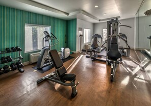 Work out in style with a range of equipment, including a bench press, dumbbells, and weight machines.