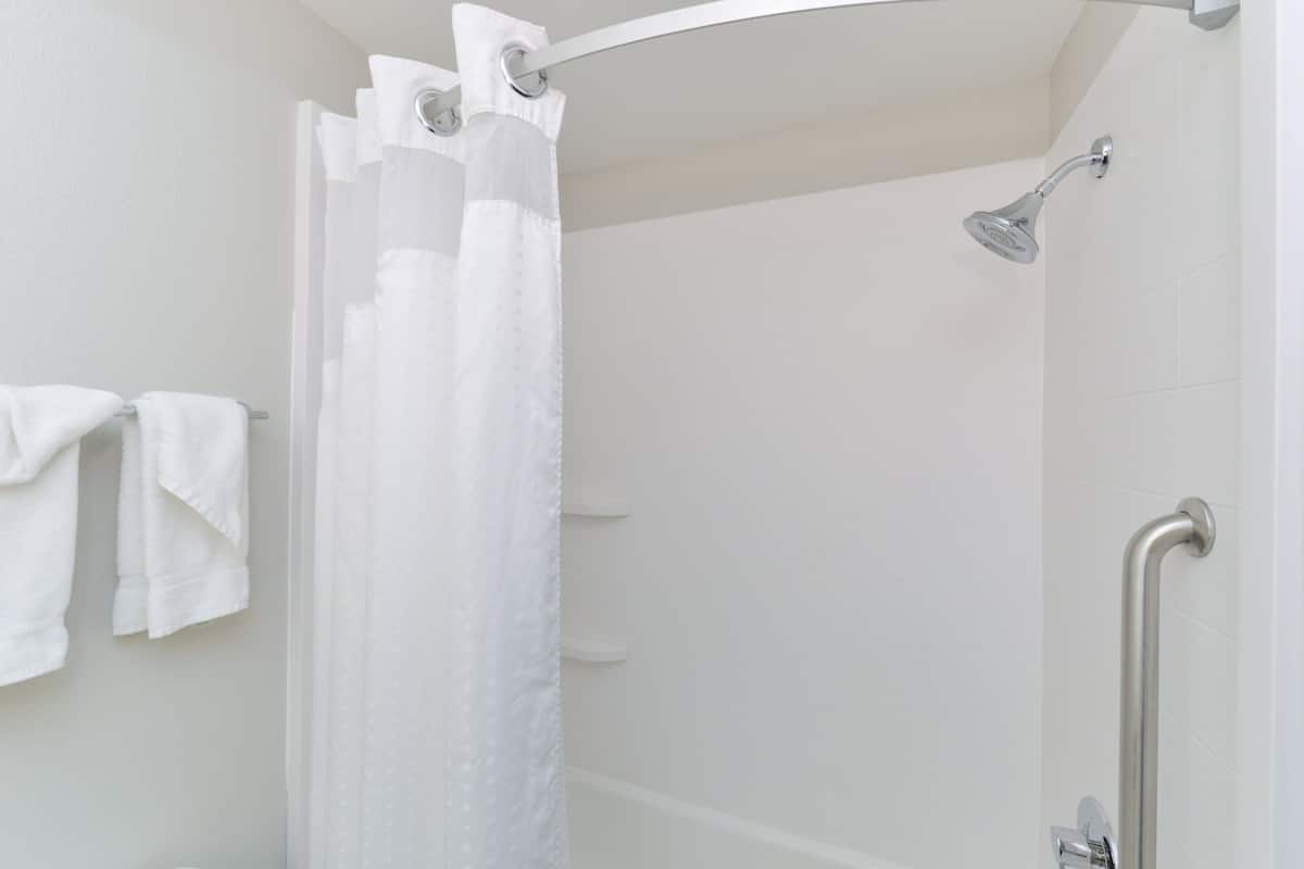 combined shower/bathtub, free toiletries, hair dryer, towels
